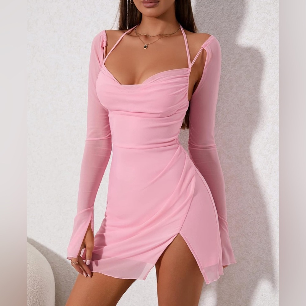 HTZMO Sexy Halter Flounce Sleeves Ruched Mini Dress Sheer Mesh Side Split Dresse